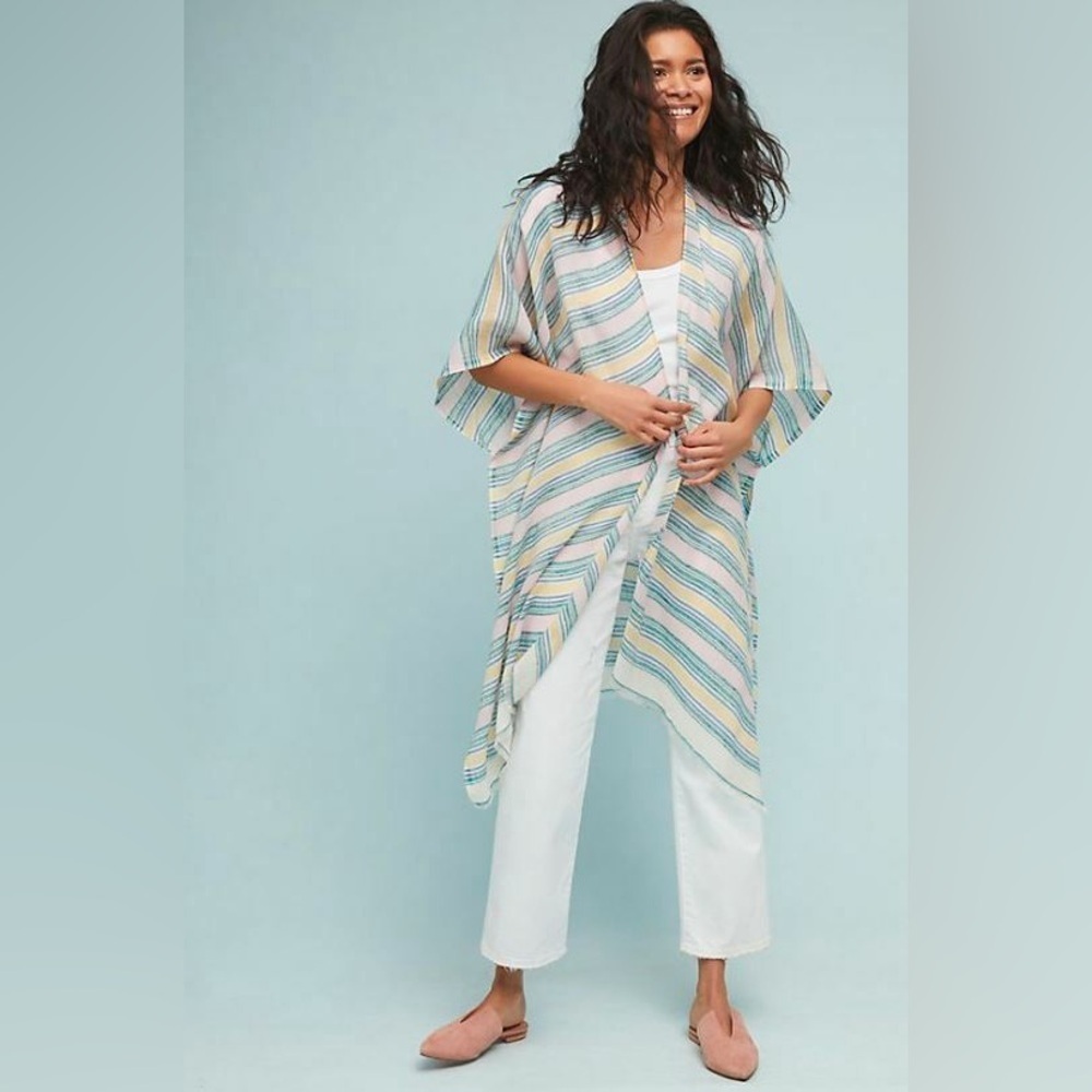 Anthropologie Multicolor Gauze Stripe Open Front Arnette Kimono Cover Up OS
